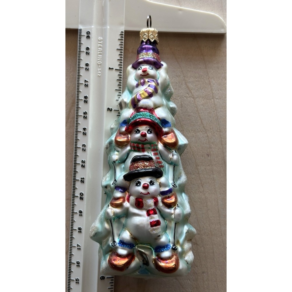 Vintage Christopher Radko Ornament Snowtem Pole 3 Snowmen Skiing 6" Glitter